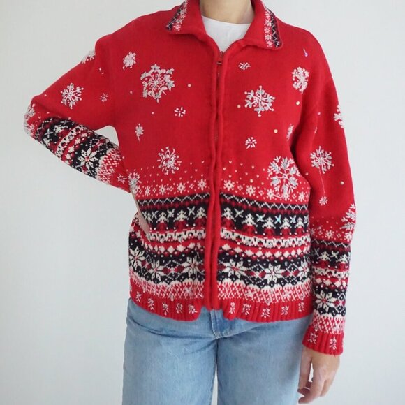 Vintage Heirloom Red Black Snowflake Beaded Ugly Christmas Festive Cardigan M - Picture 1 of 12